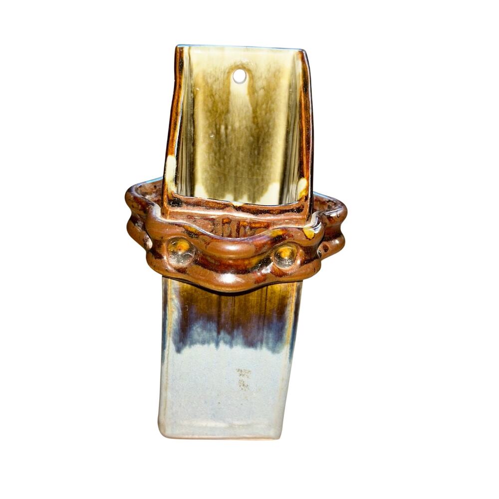 Vintage rectangular ceramic wall pocket vase match holder pottery